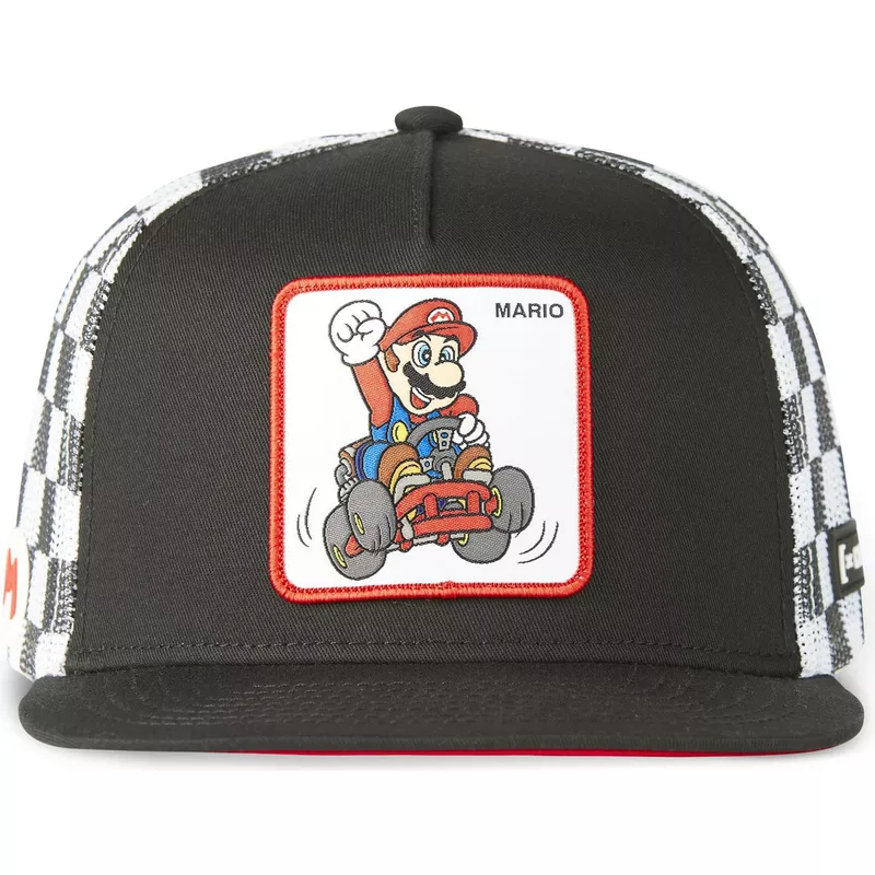 capslab-flat-brim-mario-kart-casf-ju1-super-mario-bros-black-and-white-trucker-hat