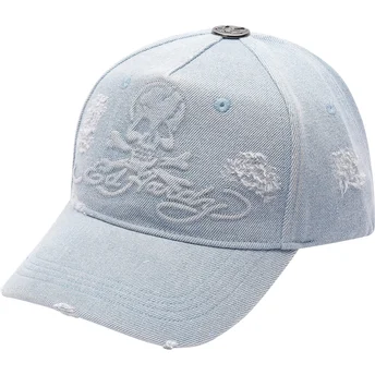 Ed Hardy Curved Brim Denim Embossed Skull Blue Adjustable Cap