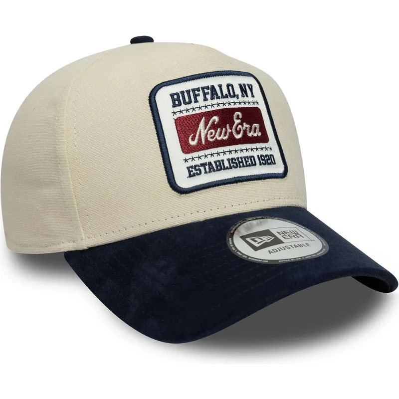 new-era-curved-brim-9forty-e-frame-patch-suede-beige-and-navy-blue-adjustable-cap