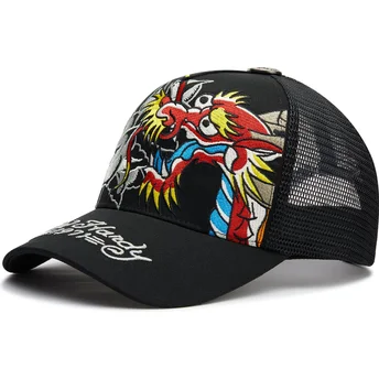Ed Hardy Dragon And Roses Graphic Black Trucker Hat