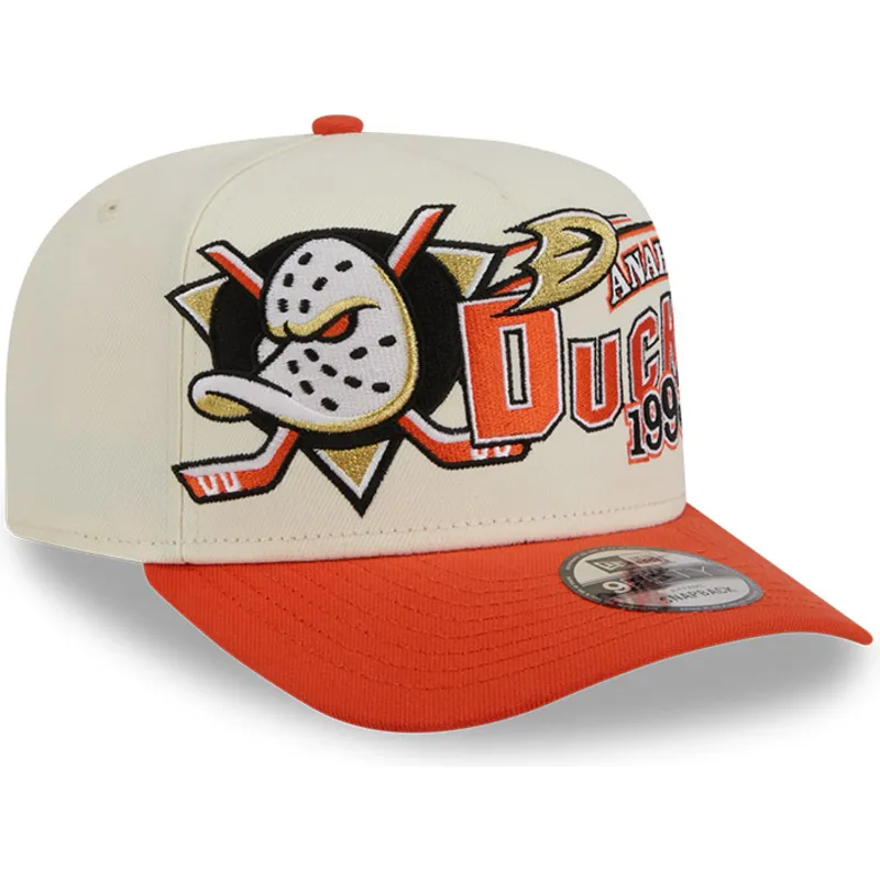 new-era-curved-brim-9fifty-a-frame-classic-anaheim-ducks-nhl-beige-and-orange-snapback-cap