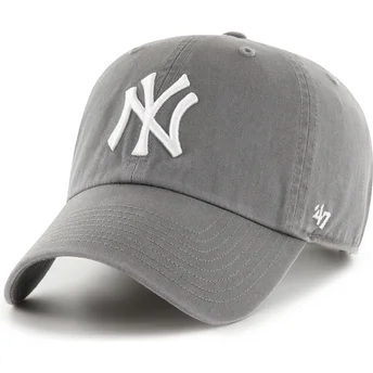 47 Brand Curved Brim Clean Up No Loop Label New York Yankees MLB Grey Adjustable Cap