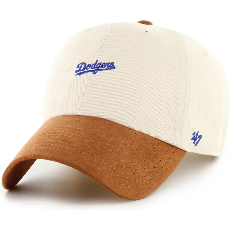 47-brand-curved-brim-clean-up-mini-script-suede-visor-los-angeles-dodgers-mlb-beige-and-brown-adjustable-cap