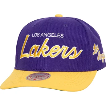 Mitchell & Ness Curved Brim Team Script 2.0 Pro Los Angeles Lakers NBA Purple and Yellow Snapback Cap