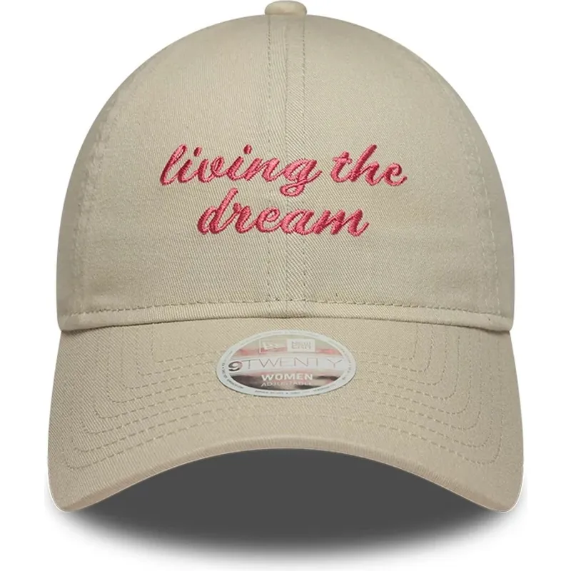 new-era-curved-brim-women-9twenty-living-the-dream-slogan-beige-adjustable-cap