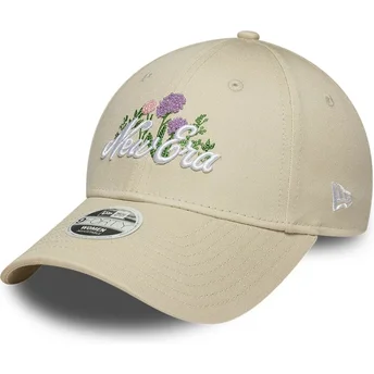 New Era Curved Brim Women 9FORTY Beaded Beige Adjustable Cap