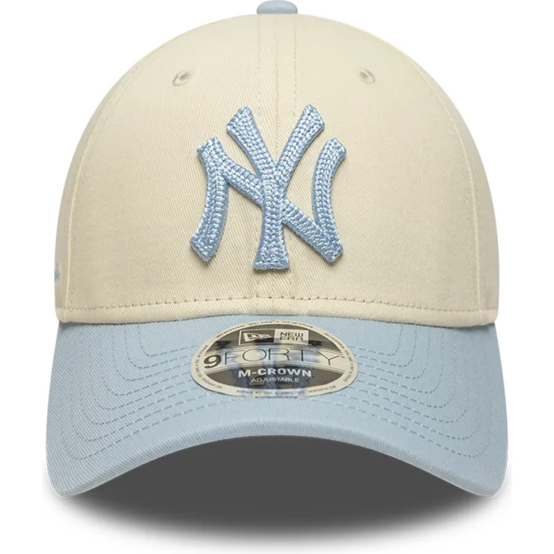 new-era-curved-brim-blue-logo-9forty-m-crown-side-script-new-york-yankees-mlb-beige-and-blue-snapback-cap