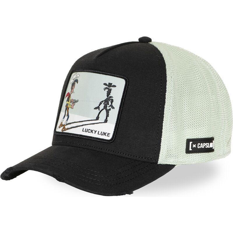 capslab-lucky-luke-lck3-flub-black-and-white-trucker-hat capslab-lucky-luke-lck3-flub-black-and-white-trucker-hat