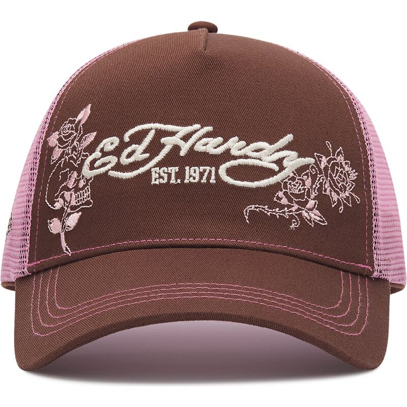 ed-hardy-skull-and-roses-brown-and-pink-trucker-hat ed-hardy-skull-and-roses-brown-and-pink-trucker-hat