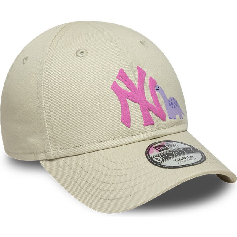 new-era-curved-brim-youth-pink-logo-9forty-dino-icon-new-york-yankees-mlb-beige-adjustable-cap