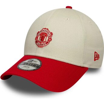 New Era Curved Brim Youth 9FORTY Contrast Manchester United Football Club Premier League Beige and Red Adjustable Cap