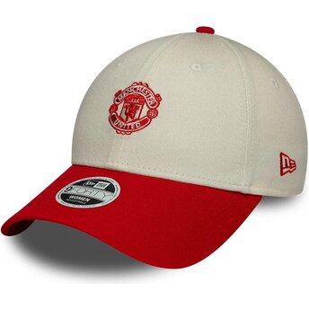 New Era Curved Brim Women 9FORTY Contrast Manchester United Football Club Premier League Beige and Red Adjustable Cap
