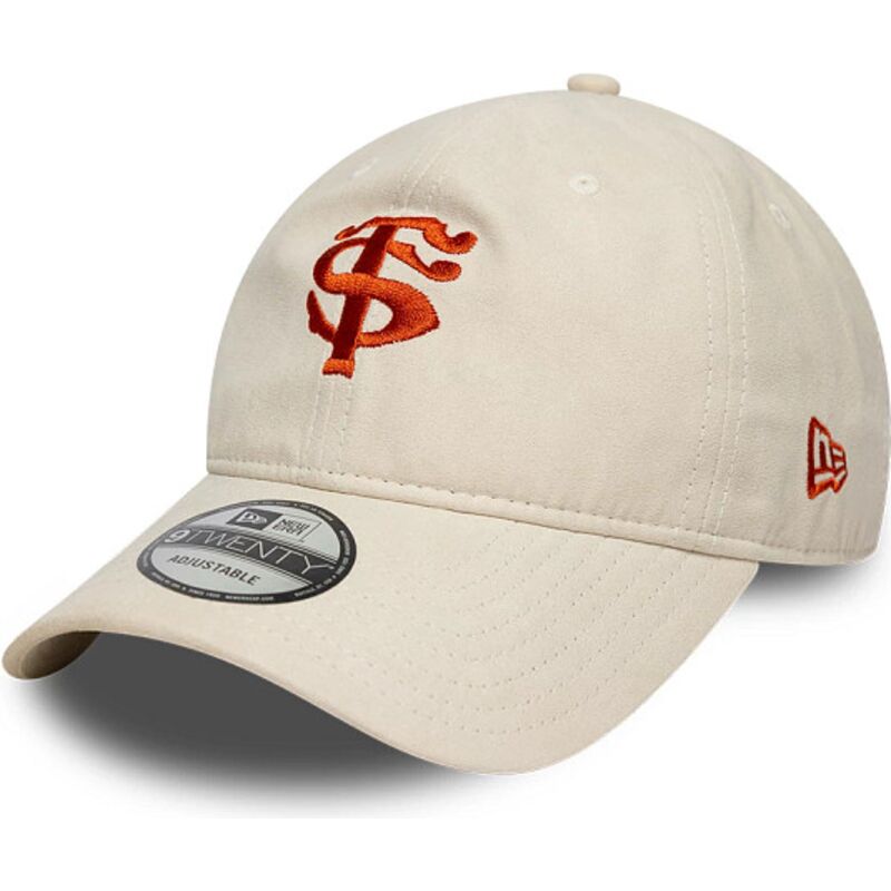 new-era-curved-brim-red-logo-9twenty-faux-suede-stade-toulousain-top-14-beige-adjustable-cap