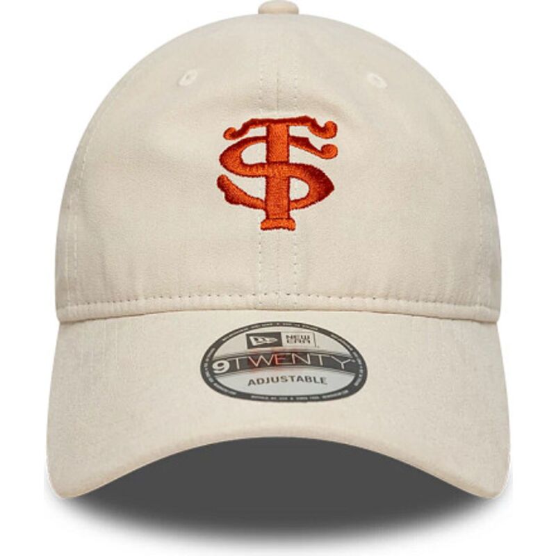new-era-curved-brim-red-logo-9twenty-faux-suede-stade-toulousain-top-14-beige-adjustable-cap
