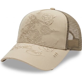 Ed Hardy Outline Dragon Khaki Trucker Hat