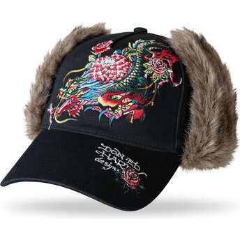 Ed Hardy Curved Brim Crawling Dragon Trapper Black Fitted Cap