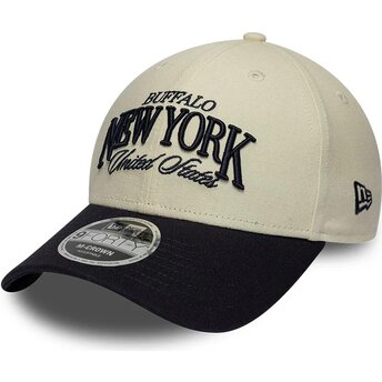 New Era Curved Brim 9FORTY M-Crown Wordmark Buffalo New York Beige and Navy Blue Adjustable Cap