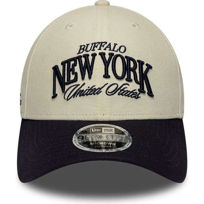 new-era-curved-brim-9forty-m-crown-wordmark-buffalo-new-york-beige-and-navy-blue-adjustable-cap