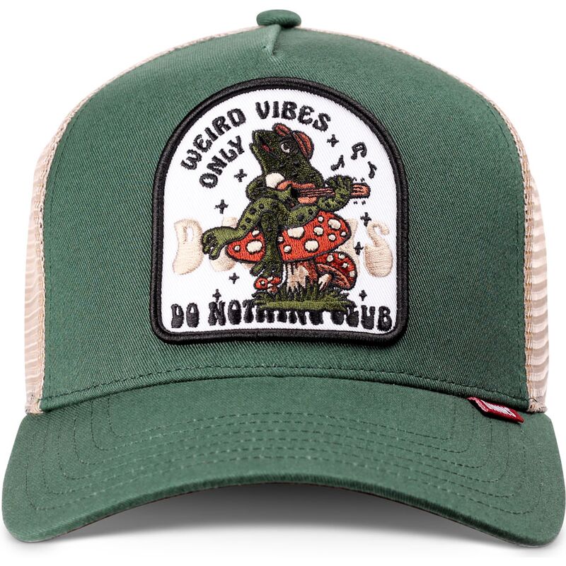 djinns-hft-do-nothing-club-weird-vibes-frog-green-and-beige-trucker-hat