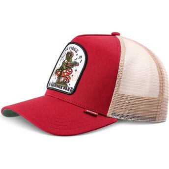 Djinns HFT Do Nothing Club Weird Vibes Frog Red and Beige Trucker Hat