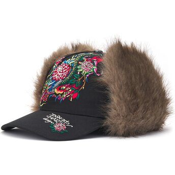 Ed Hardy Curved Brim Crawling Dragon Trapper Black Fitted Cap