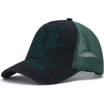 Ed Hardy Outline Dragon Distressed Black and Green Trucker Hat